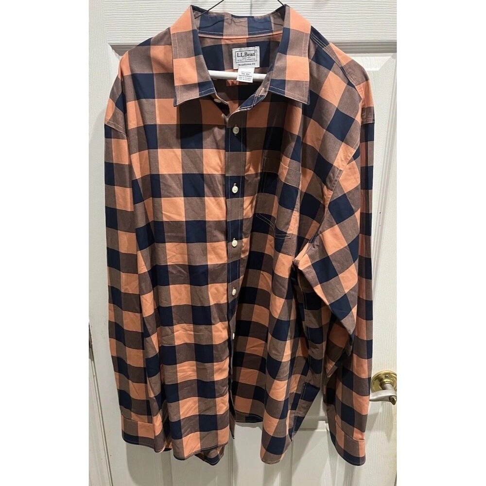 LL Bean Mens Shirt XXL  Traditional Fit Checker Button Orange Black Long Sleeve